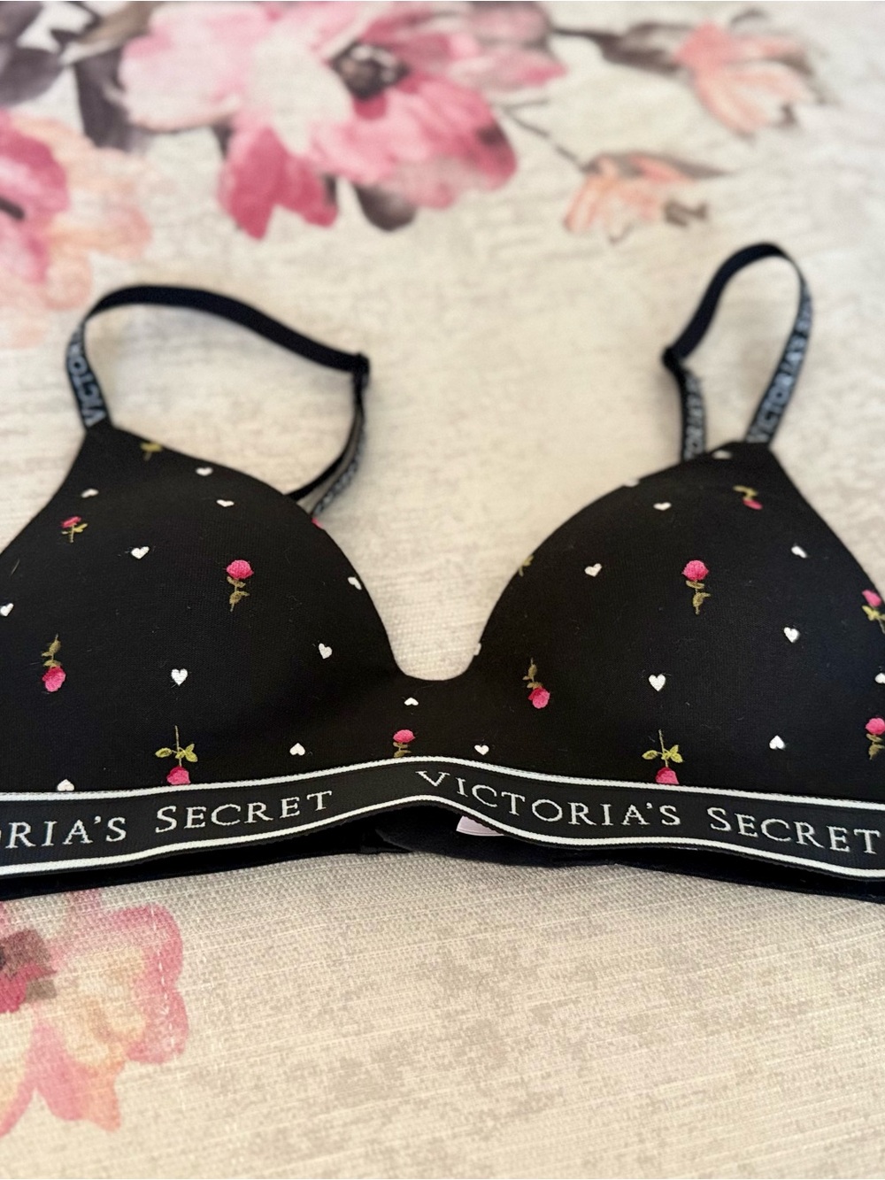 Victoria's Secret Black Bra with Pink Rose & White Heart Print